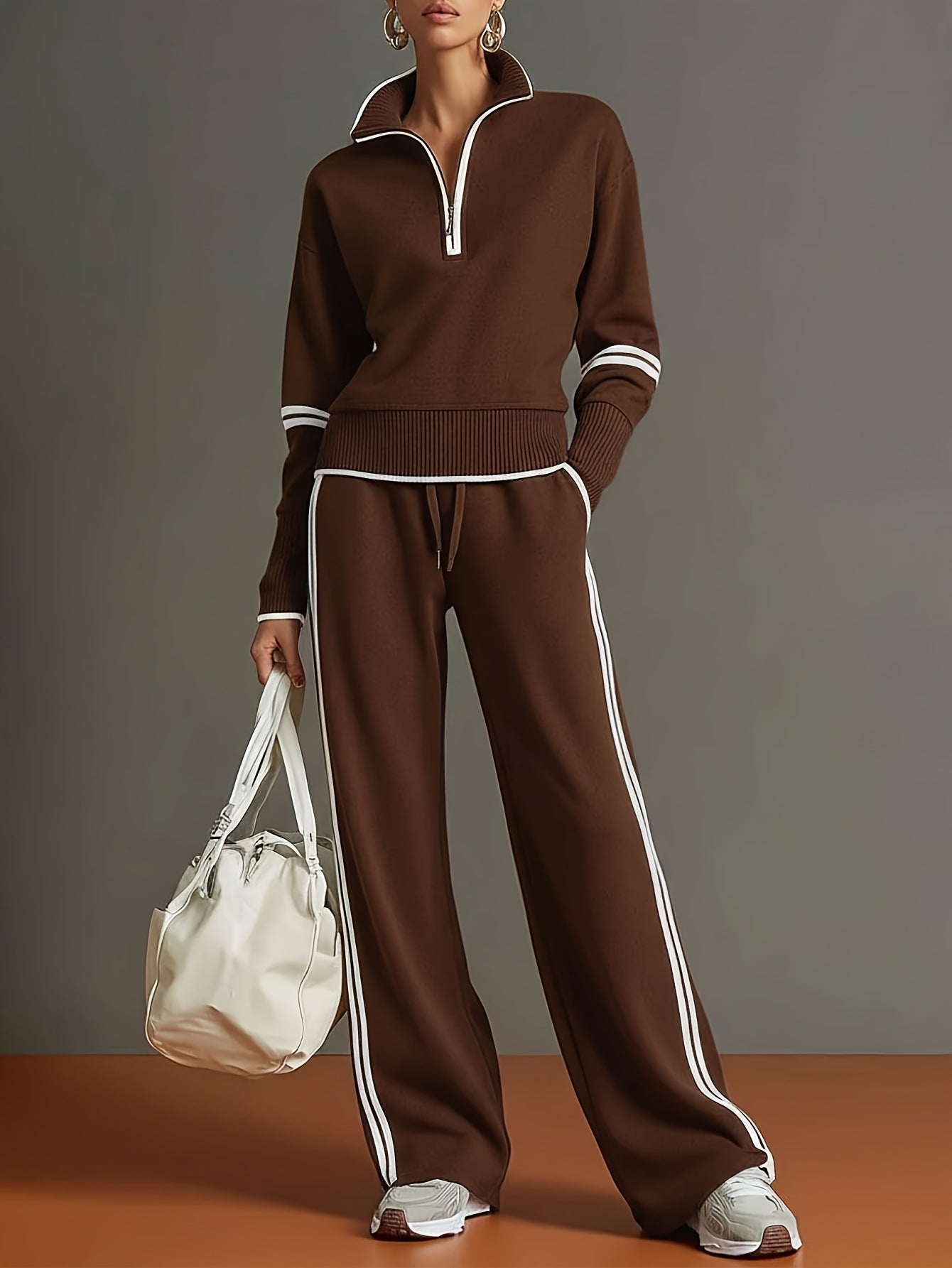 Women's Half Zip Sweatshirt Wide Leg Pants Matching Set