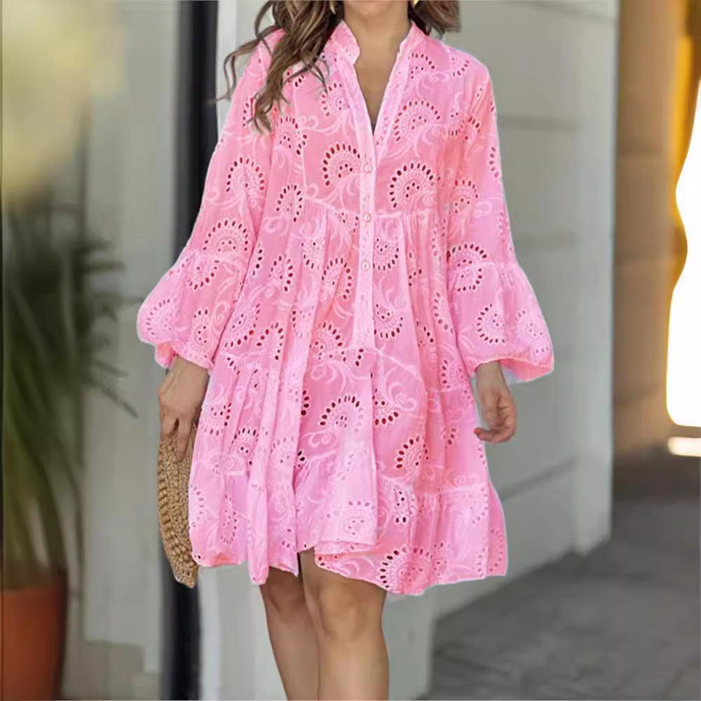 Women's Eyelet V-Neck Tiered Long Sleeve Dress