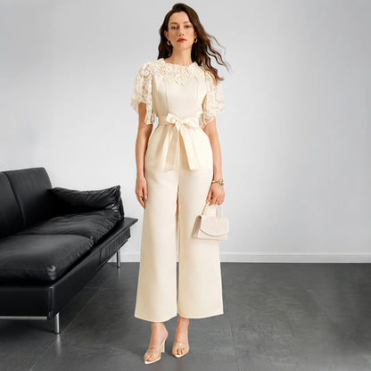 Elegant Lace Satin Wide Leg Belted Jumpsuit