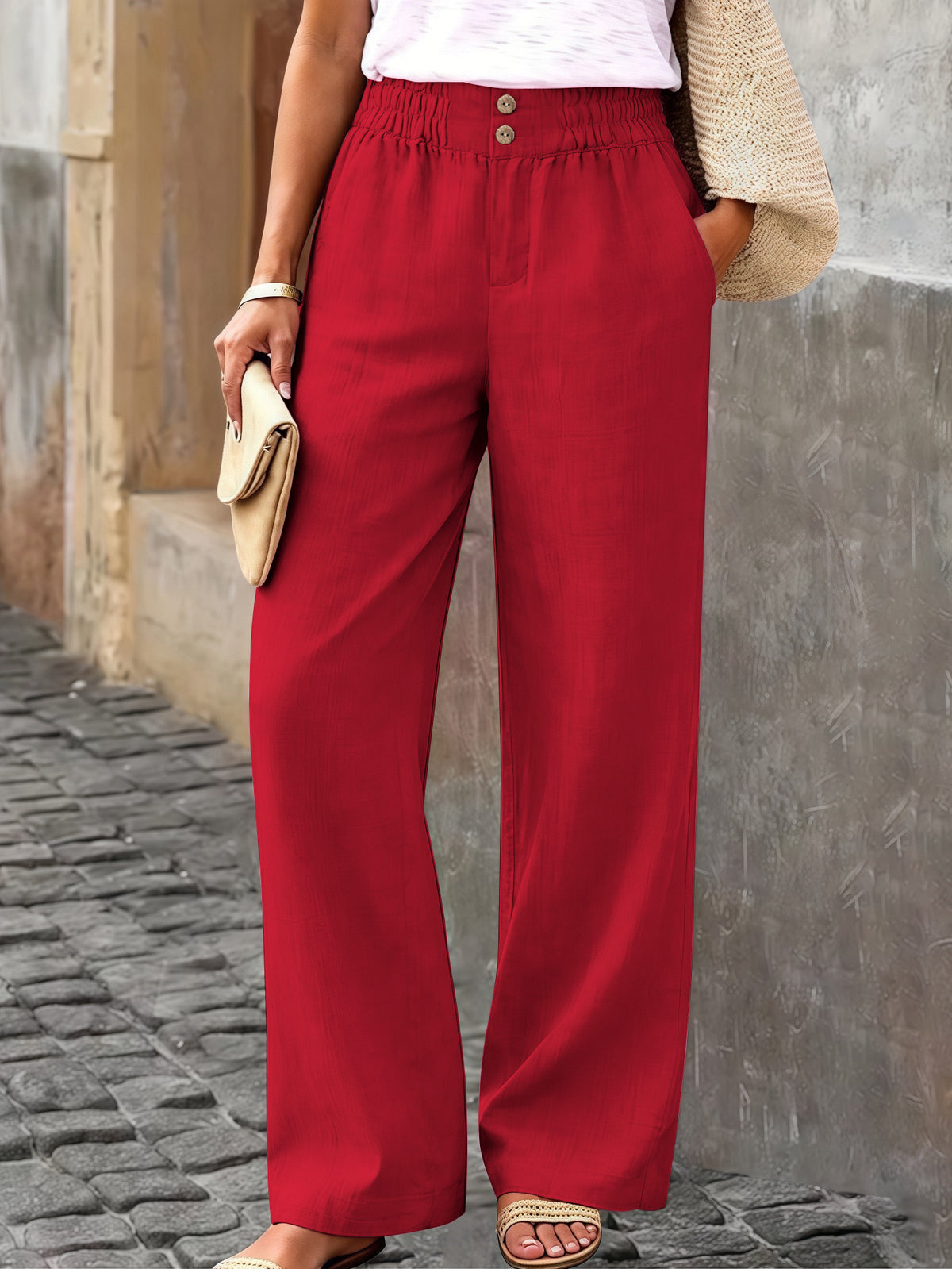 Women's Casual Straight Leg Pants Elastic Waist Pockets