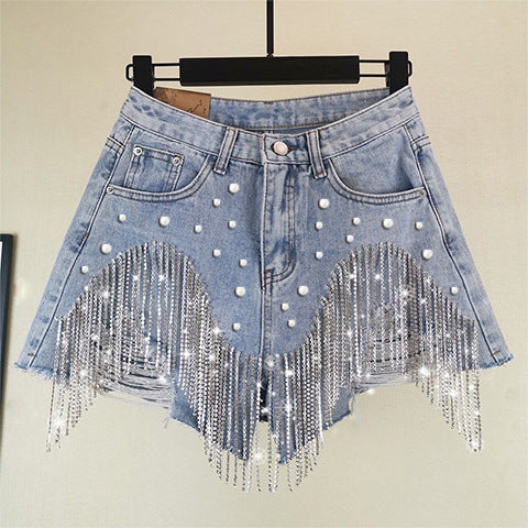 Fringe Rhinestone Distressed Denim Shorts Western Style