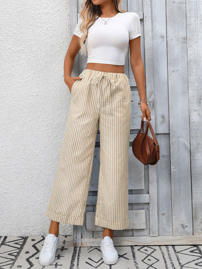Striped High Waist Drawstring Wide Leg Summer Pants