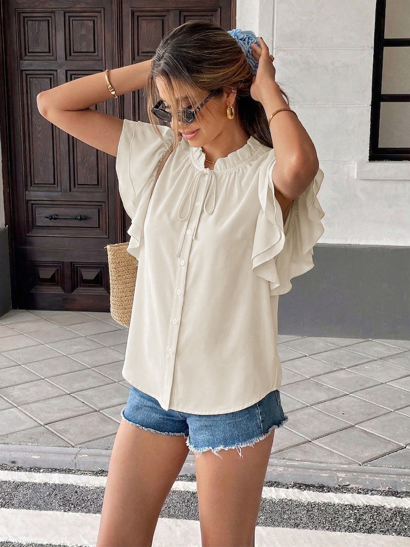 Flutter Sleeve Ruffle Collar Tie Neck Blouse Top