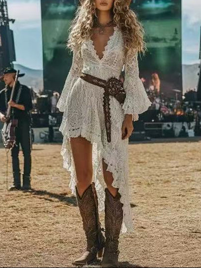 Western Lace Bell Sleeve High-Low Festival Dress