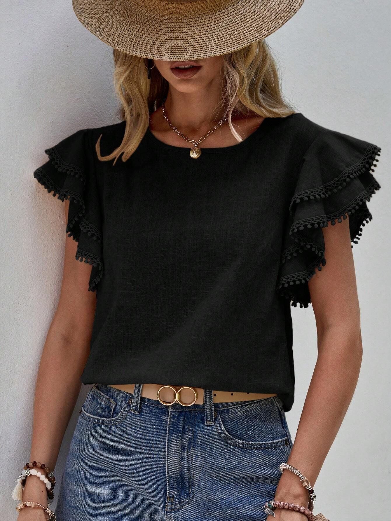 Solid Linen Look Ruffle Sleeve Boho Summer Top