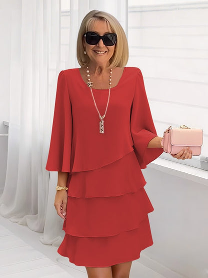 Women's Tiered Suede Midi Dress 3/4 Sleeve Work Casual