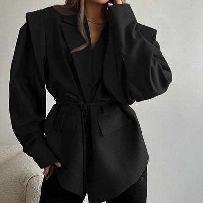 Women's Belted Blazer V-Neck Loose Casual Jacket Coat