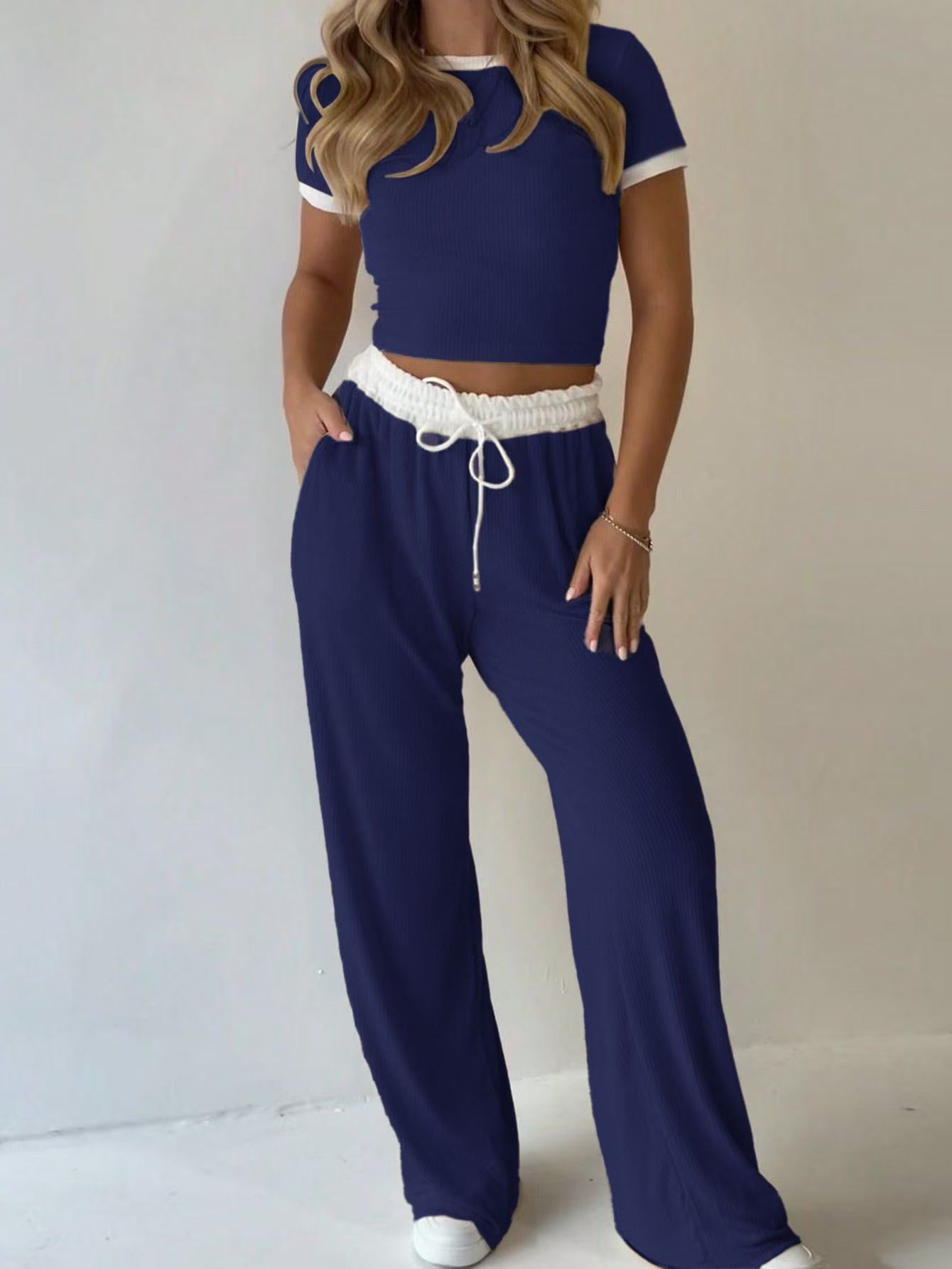 Ribbed Contrast Trim Crop Top Wide Leg Pants Set