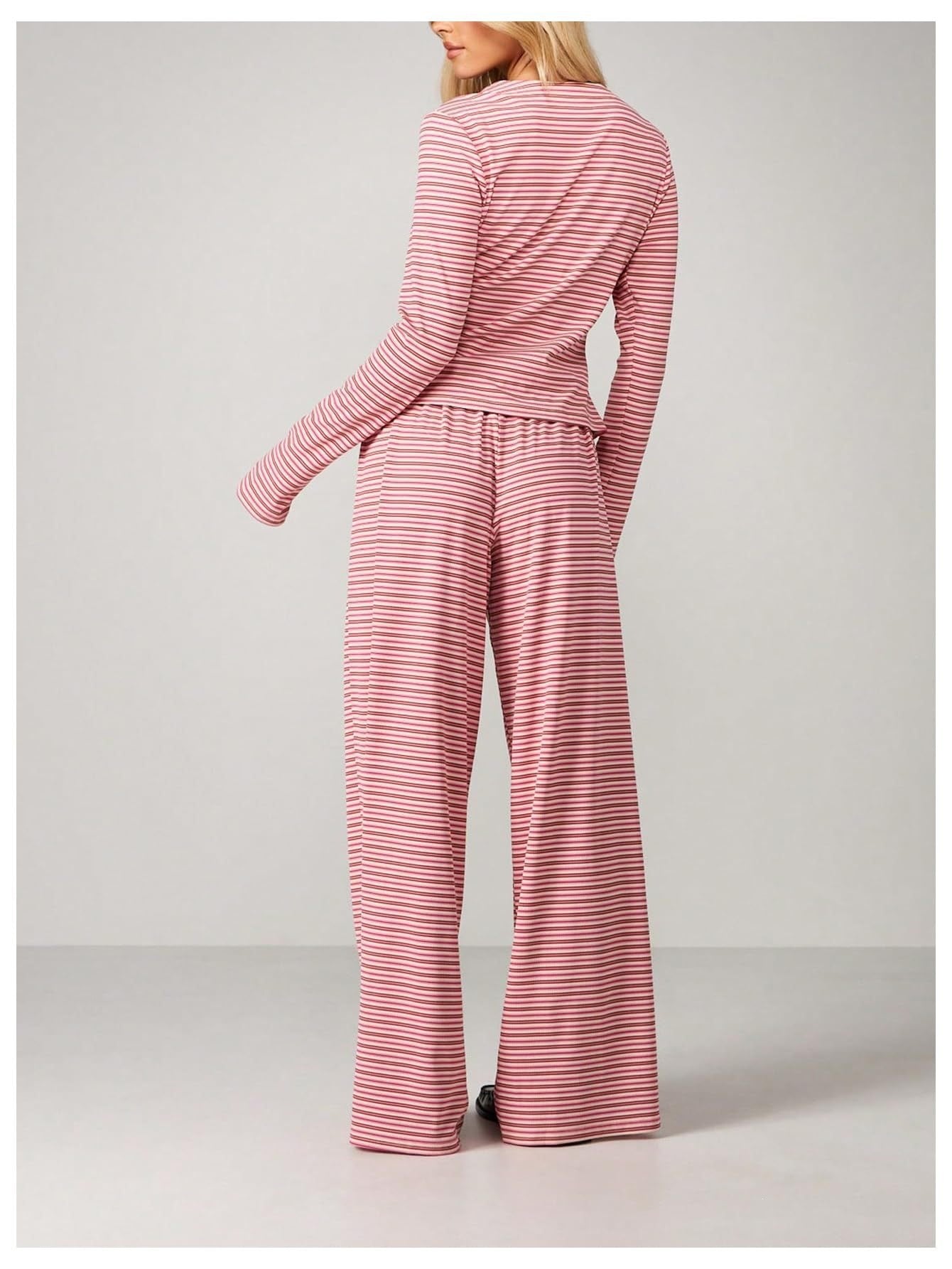 Striped Long Sleeve Top & Wide Leg Pants Two Piece Set