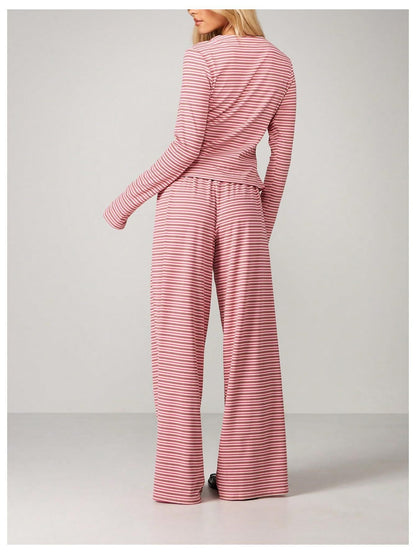 Striped Long Sleeve Top & Wide Leg Pants Two Piece Set