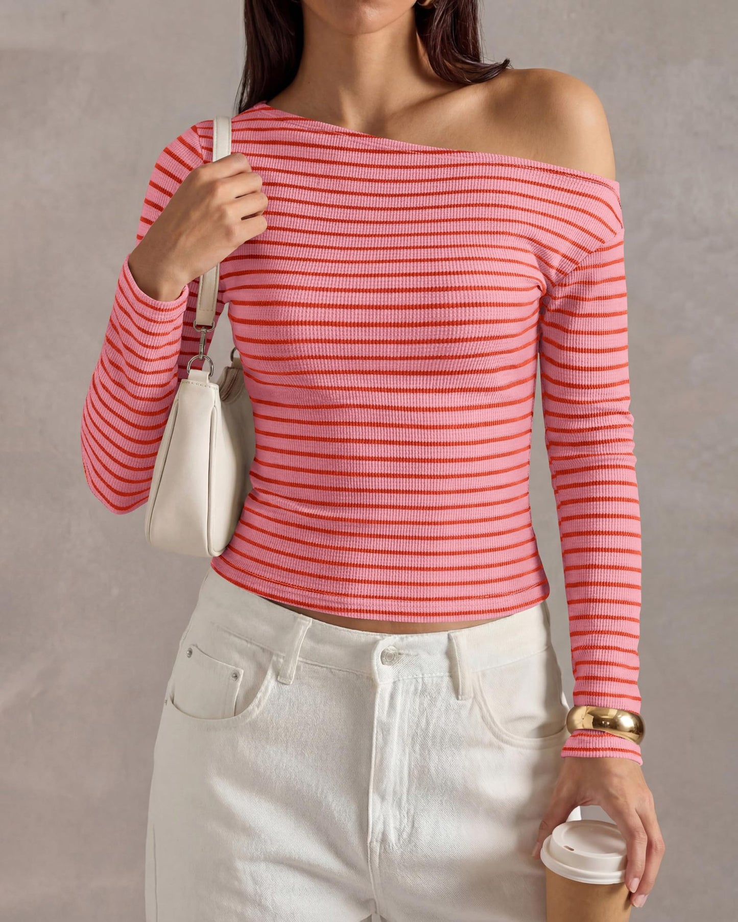 Off Shoulder Striped Long Sleeve Ribbed Knit Top Women