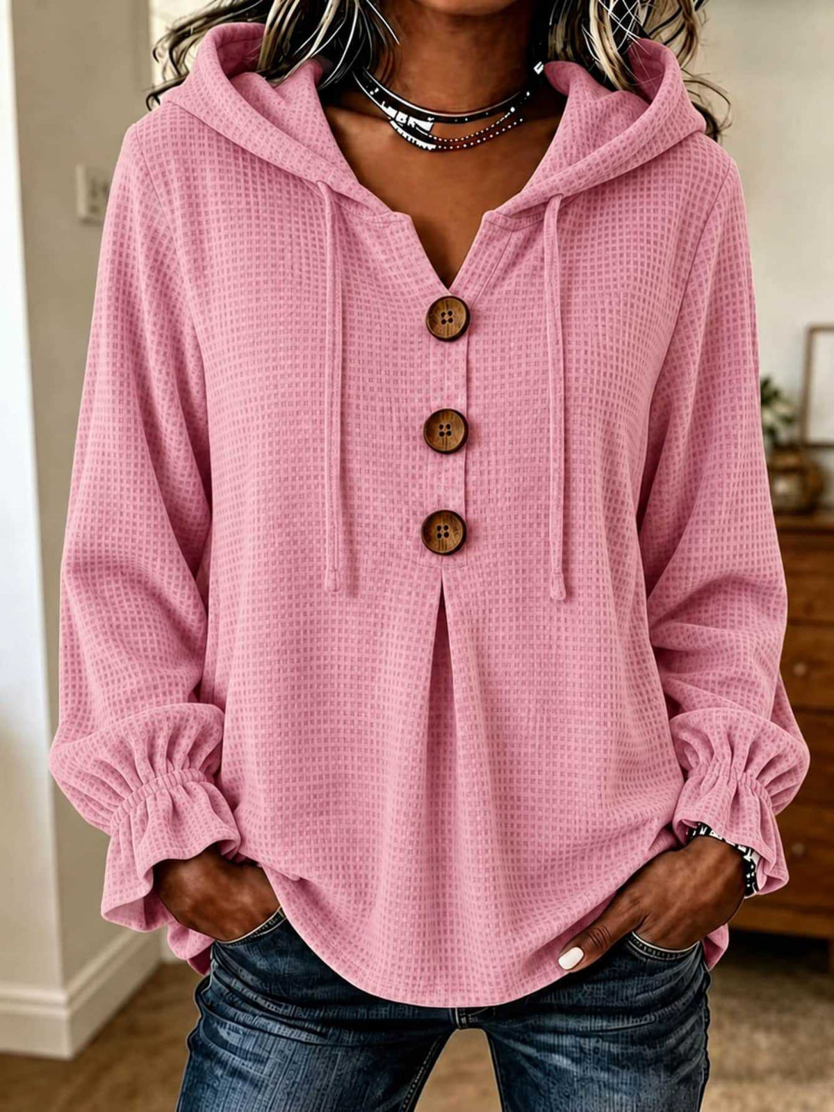 Waffle Knit Hooded Henley V Neck Long Sleeve Top