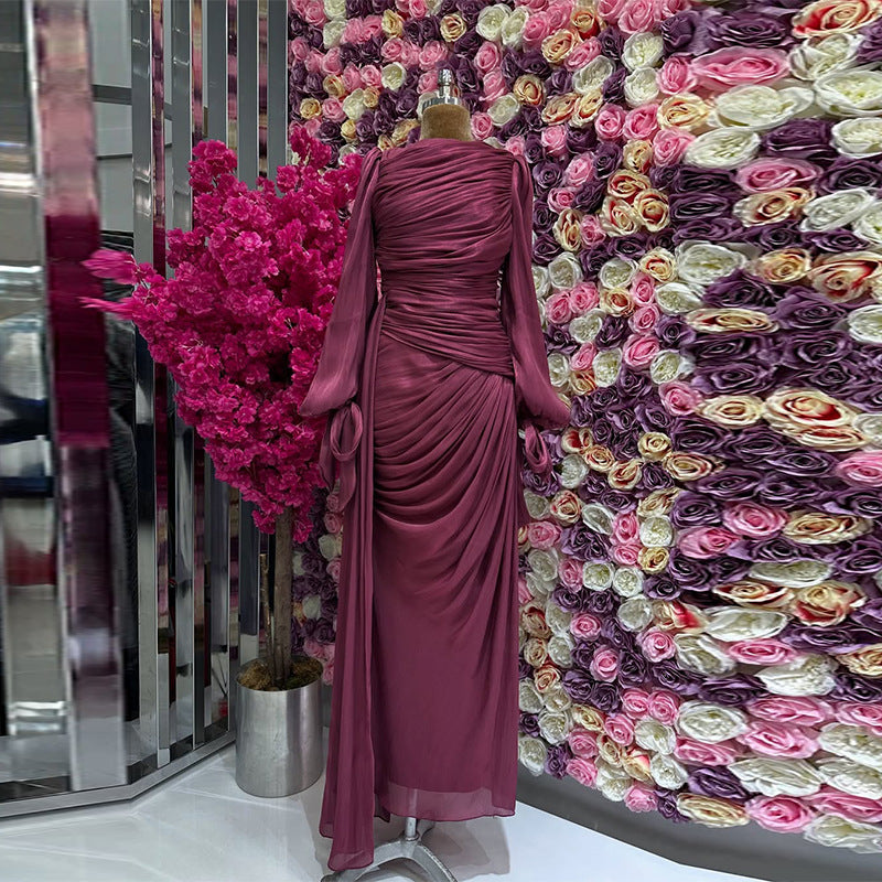 Elegant Ruched Long Sleeve Maxi Dress Evening Gown