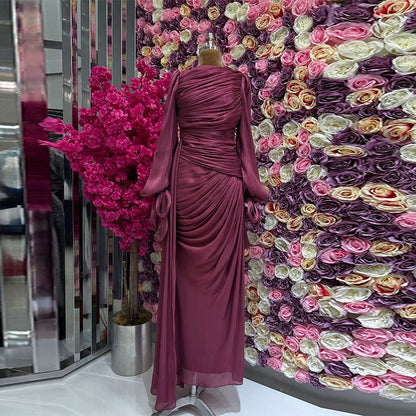 Elegant Ruched Long Sleeve Maxi Dress Evening Gown