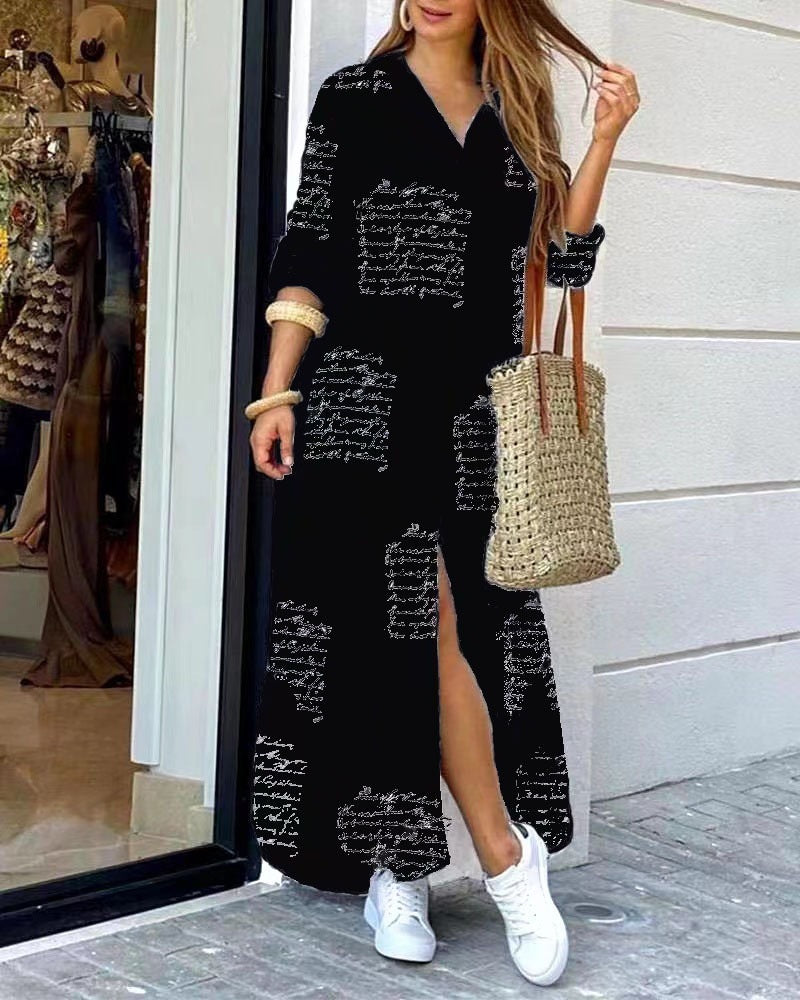 Women's Long Sleeve Button Down Printed Maxi Shirt Dress