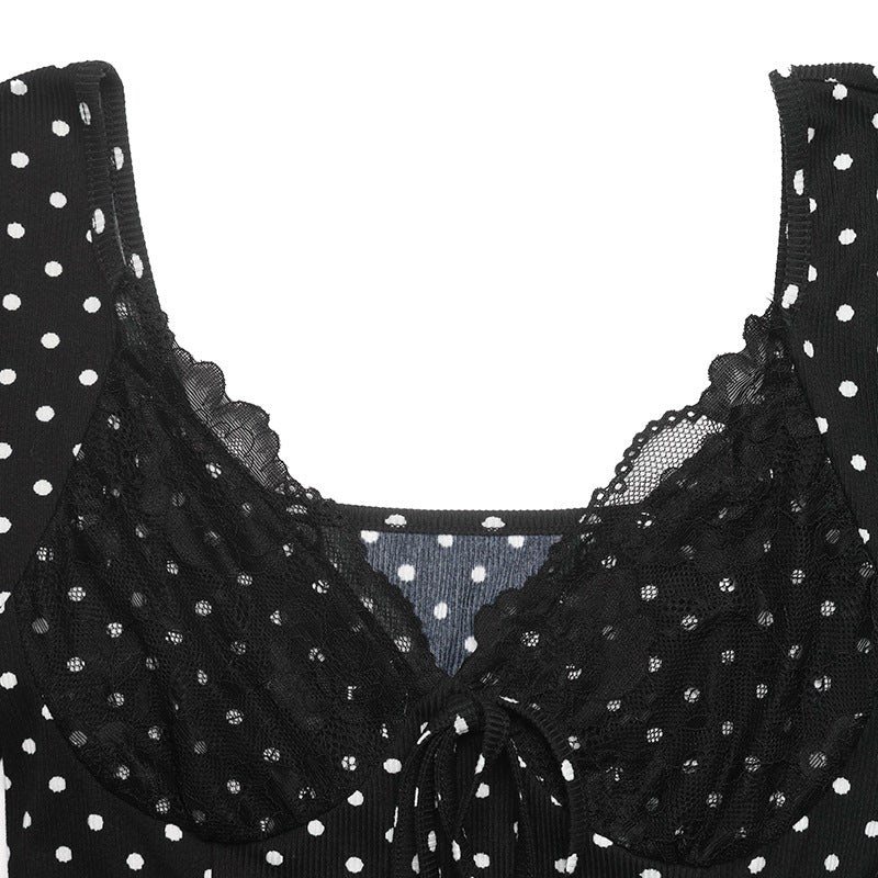Polka Dot Lace Trim V Neck Long Sleeve Mini Dress
