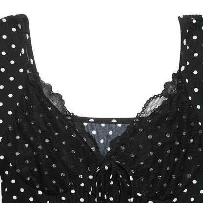 Polka Dot Lace Trim V Neck Long Sleeve Mini Dress