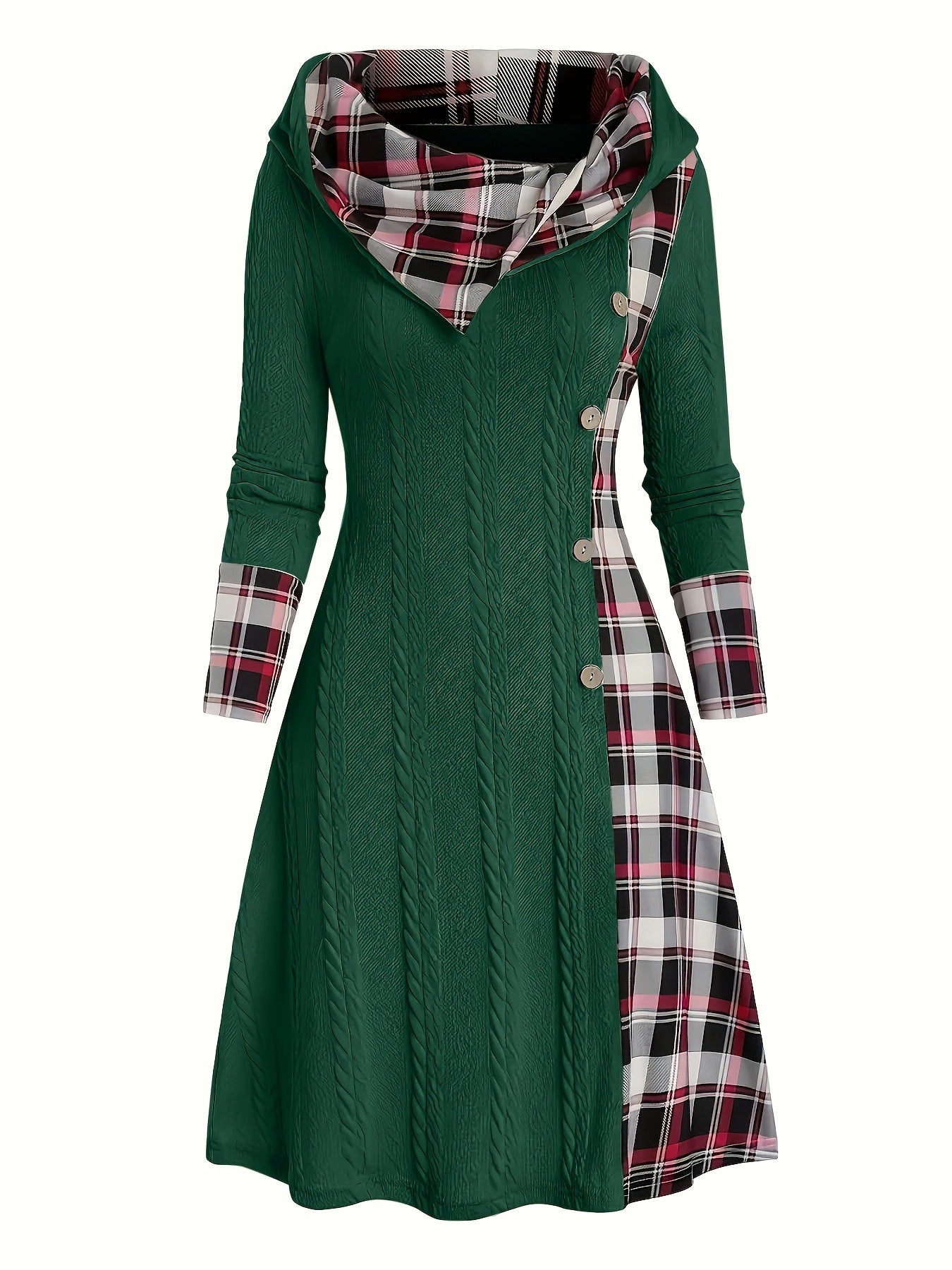 Hooded Cable Knit Sweater Dress Plaid Contrast Midi