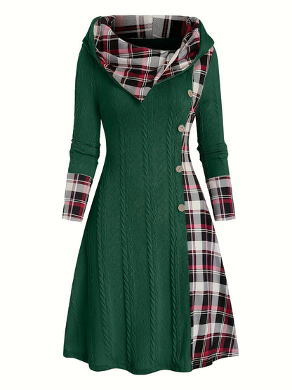 Hooded Cable Knit Sweater Dress Plaid Contrast Midi
