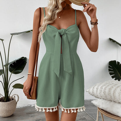 Bow Front Tassel Romper Backless Summer Vacation Outfit