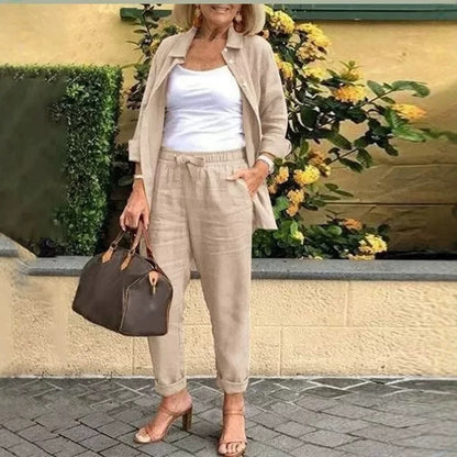 Women's Solid Relaxed Two Piece Pants Set Long Sleeve Top
