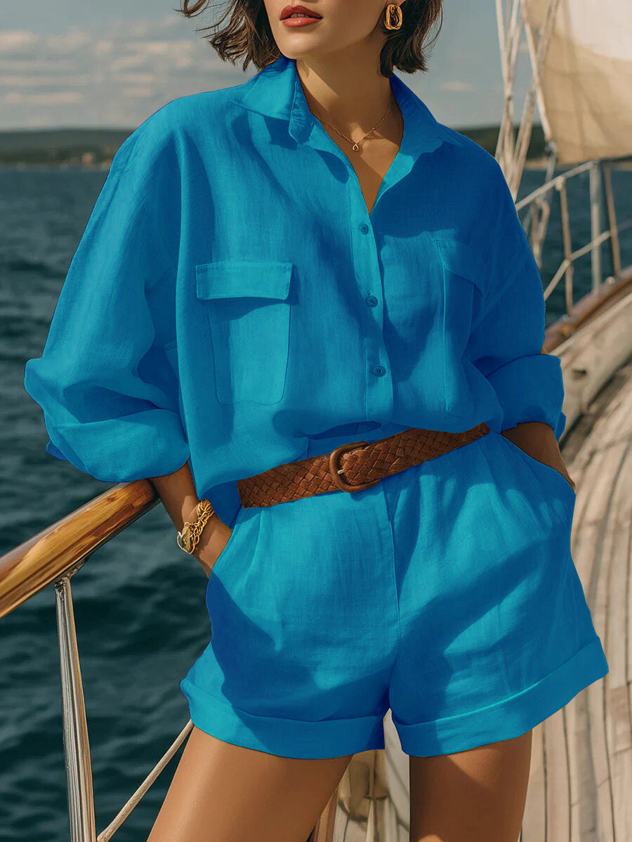 Women's 2 Piece Linen Shirt & Shorts Matching Set