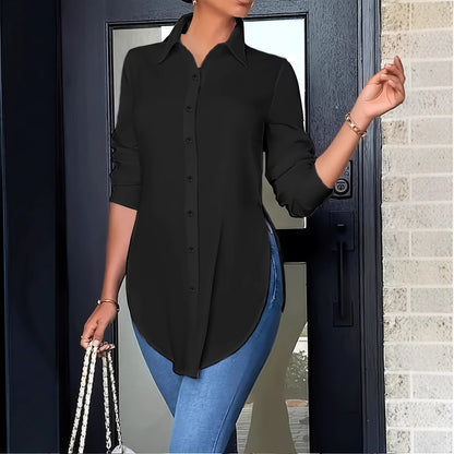 Women's Split Hem Long Sleeve Button Down Tunic Shirt