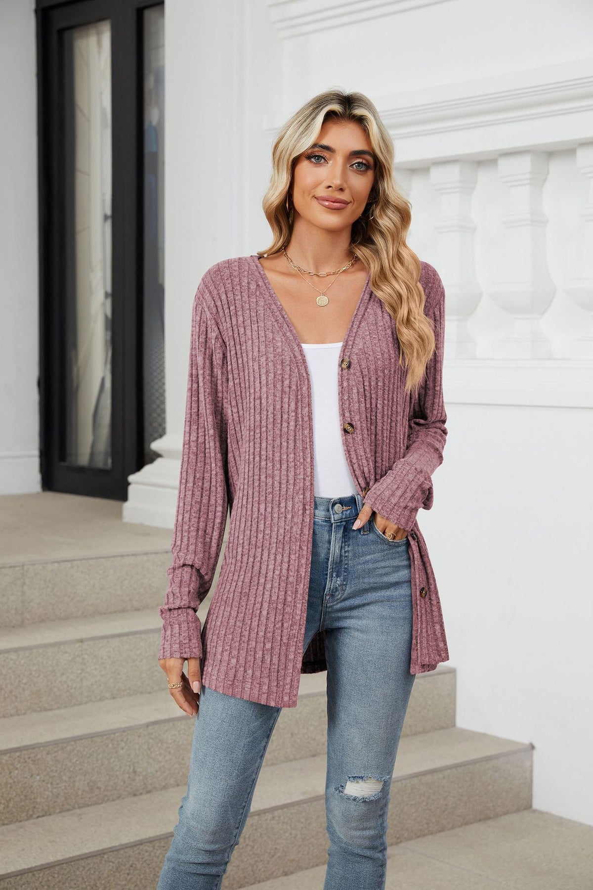 Womens V Neck Tie Front Button Up Long Sleeve Knit Cardigan