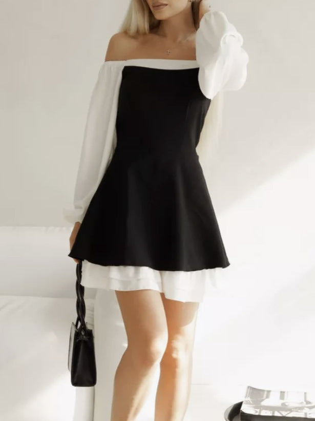 Black White Square Neck Puff Sleeve Ruffle A-Line Dress