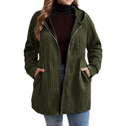 Plus Size Hooded Cable Knit Zip Jacket Pockets
