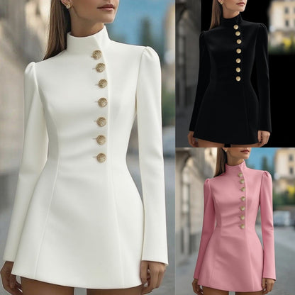 Elegant High Neck Button Front Long Sleeve Mini Dress