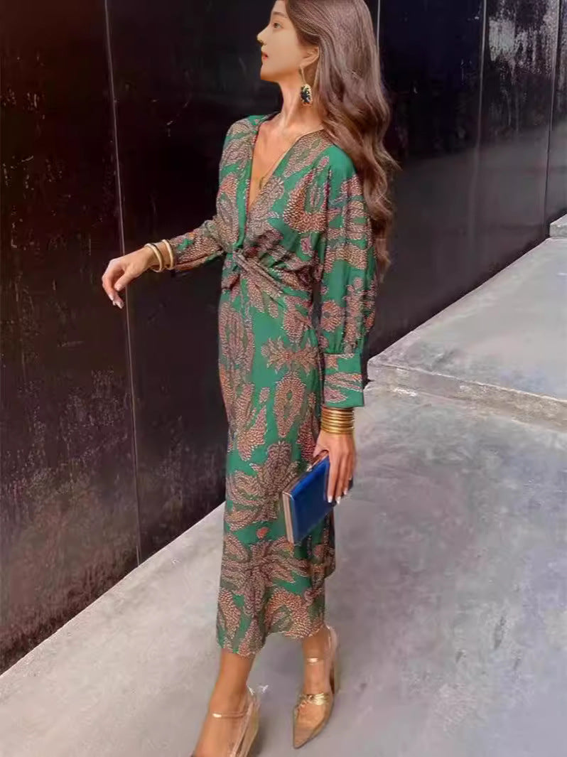 Women's V-Neck Paisley Midi Dress Long Sleeve Boho