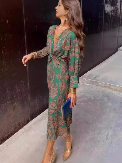 Women's V-Neck Paisley Midi Dress Long Sleeve Boho