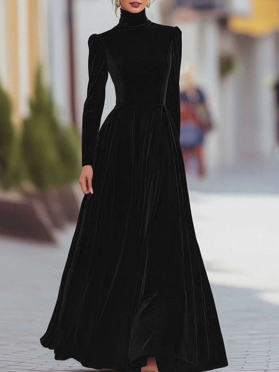 Velvet Turtleneck Long Sleeve Maxi Dress Fit Flare