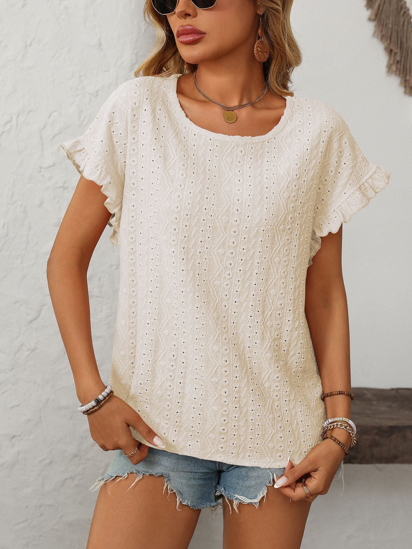 Women’s Eyelet Knit Crewneck Ruffle Sleeve Summer Top