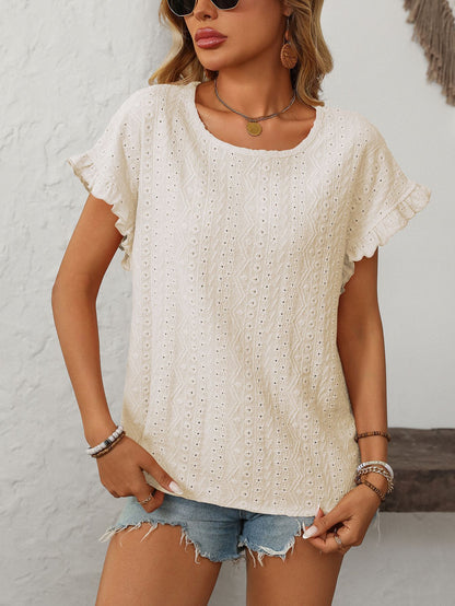 Women’s Eyelet Knit Crewneck Ruffle Sleeve Summer Top