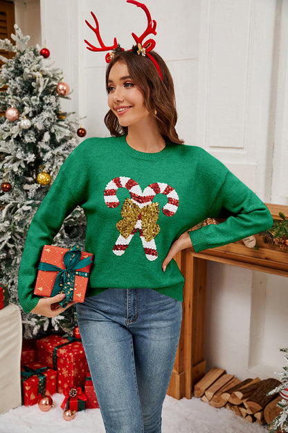 Sequin Candy Cane Bow Christmas Sweater for Women