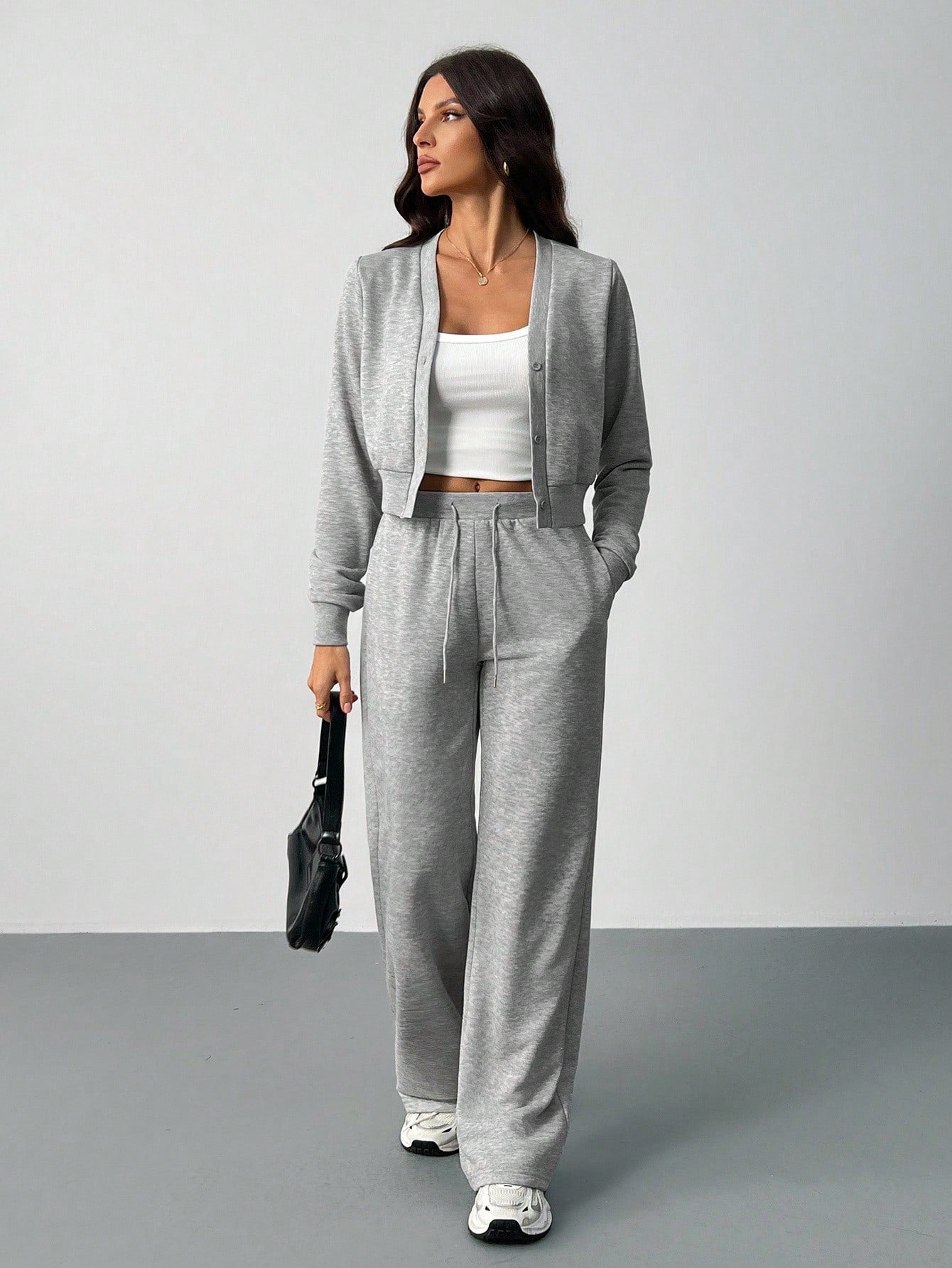 Womens Matching Set Crop Cardigan Wide Leg Sweatpants