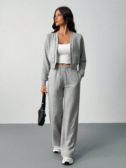 Womens Matching Set Crop Cardigan Wide Leg Sweatpants