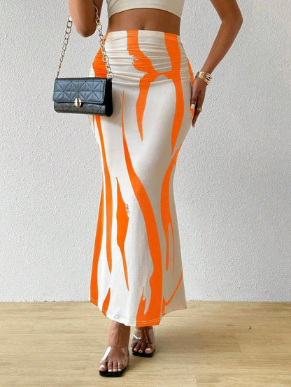 Zebra Print High Waist Ruched Bodycon Maxi Skirt