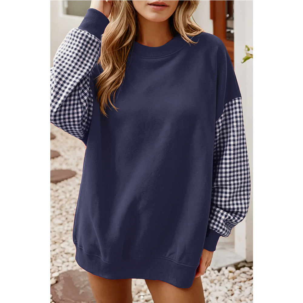 Gingham Sleeve Oversized Crewneck Sweatshirt