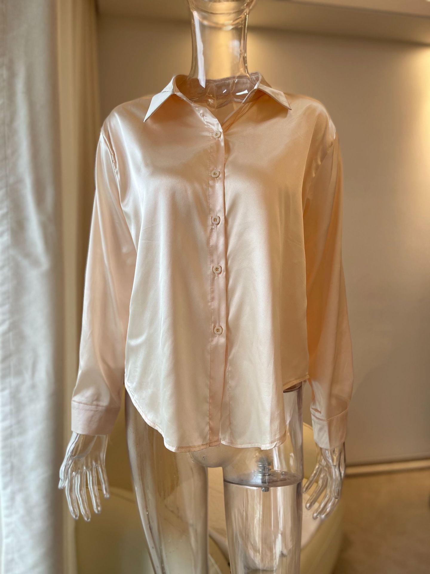 Womens Satin Long Sleeve Button Down Blouse Elegant