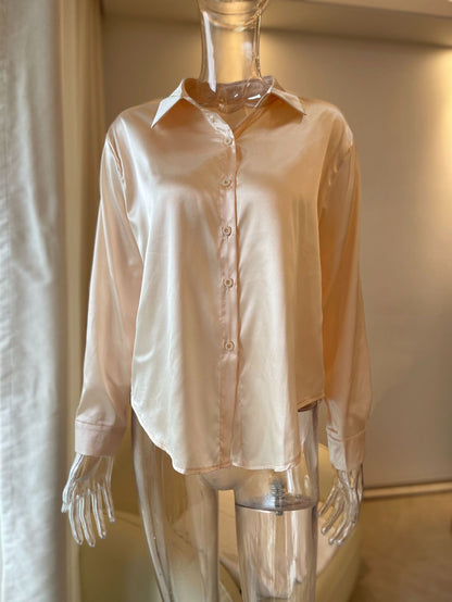 Womens Satin Long Sleeve Button Down Blouse Elegant