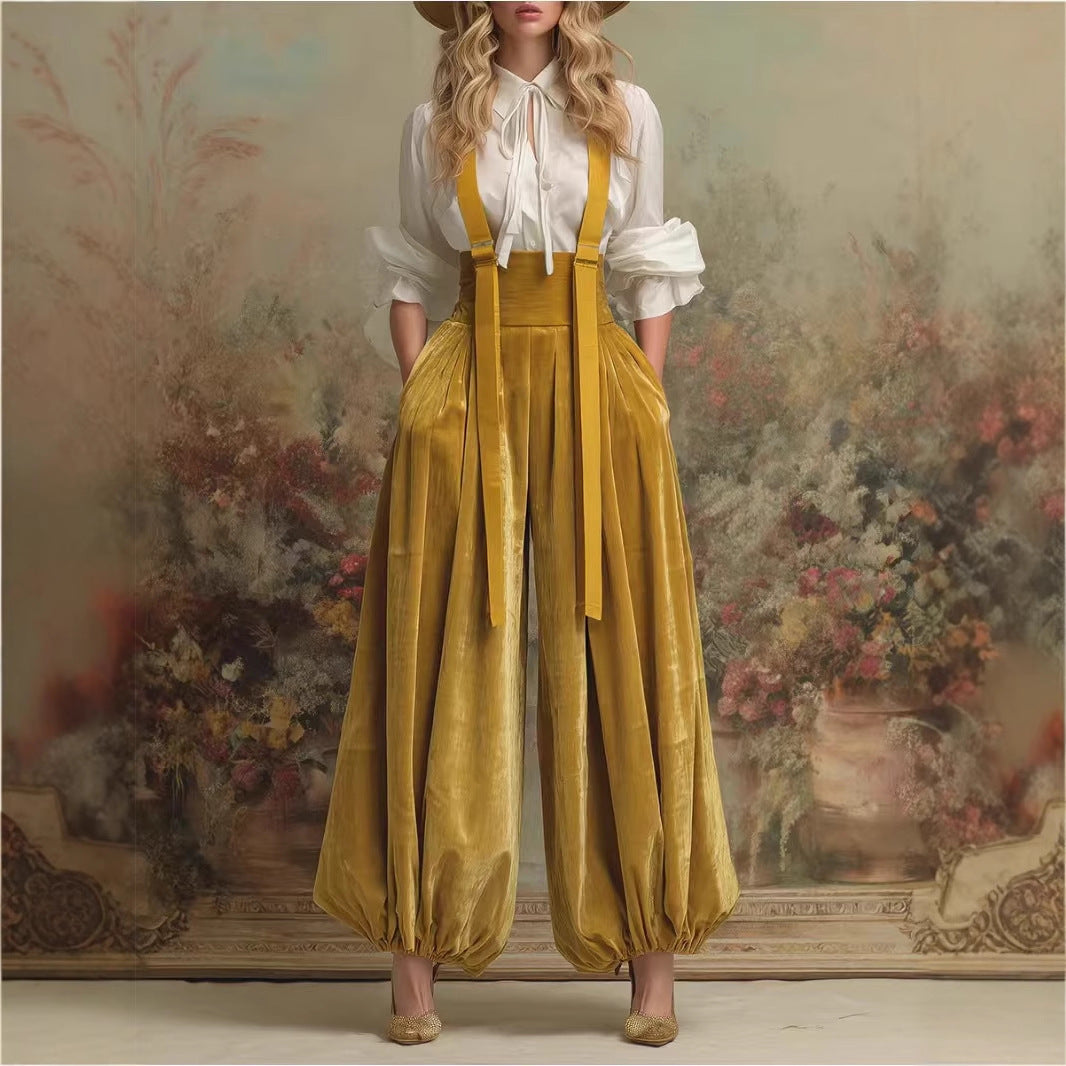 Women's Velvet Suspender Balloon Pants High Waist