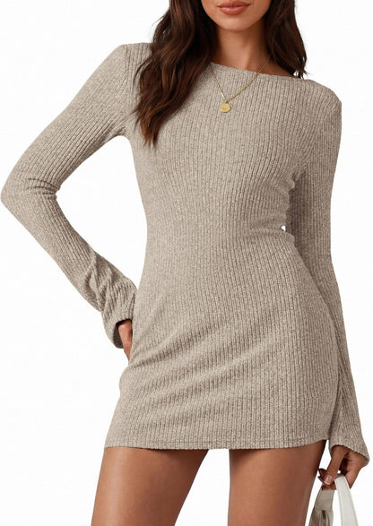 Solid ribbed knit bodycon mini dress bell sleeve
