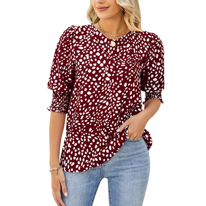 Loose Fit Printed Chiffon Short Sleeve Round Neck Shirt