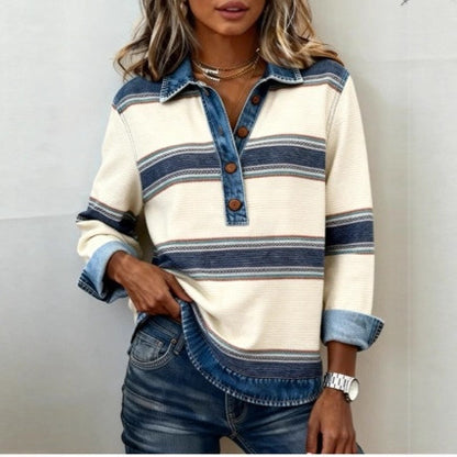 Women's Striped Waffle Knit Denim Collar Long Sleeve Top
