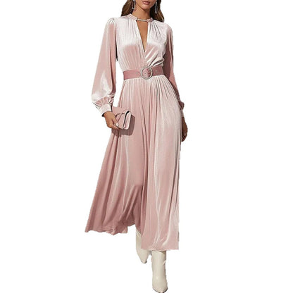 Women's Puff Sleeve V Neck Pleated Belted Maxi Dress
