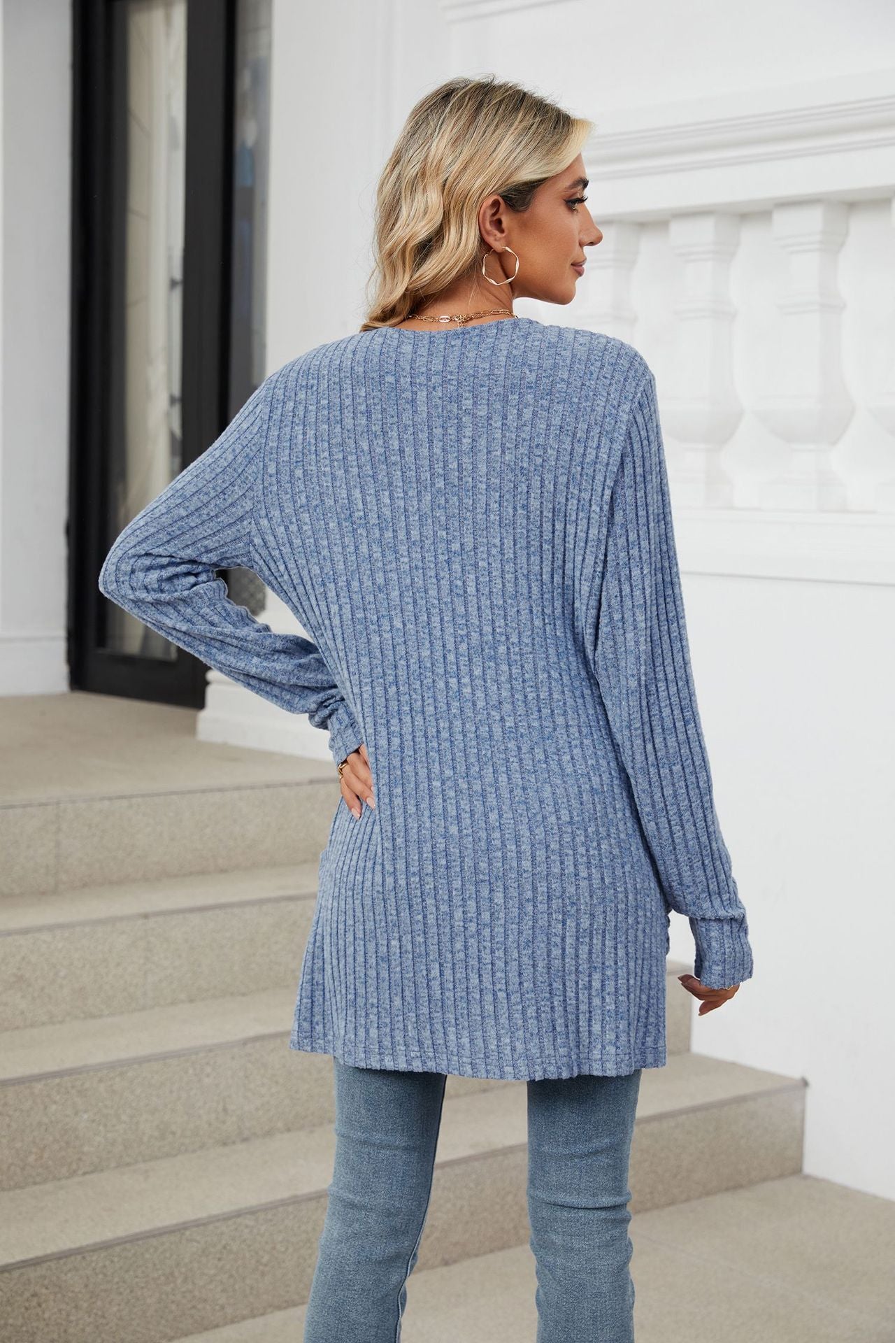 Simple Pocketed Long Sleeve Cardigan Knit Top
