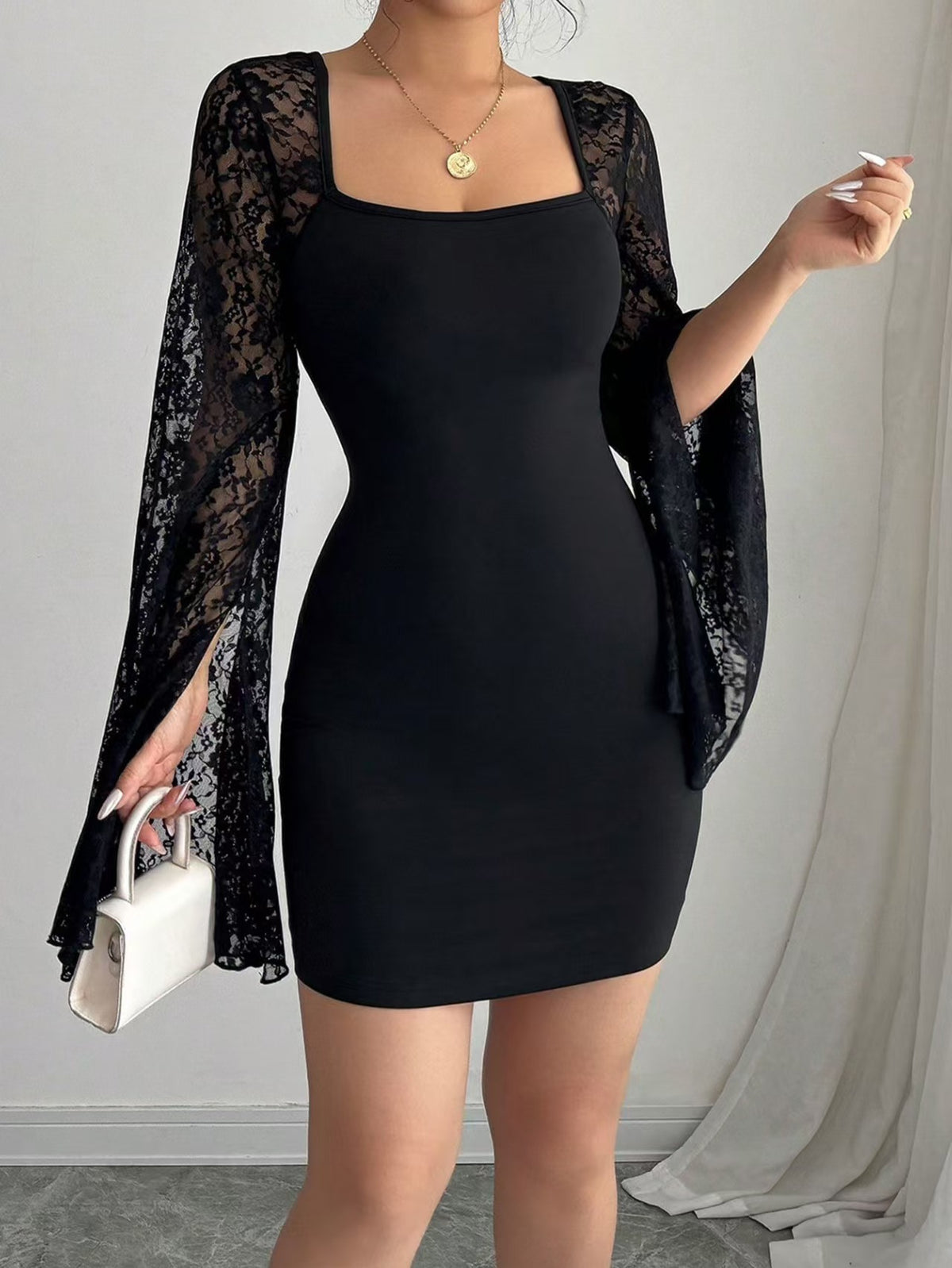 Black Lace Bell Sleeve Square Neck Bodycon Mini Dress